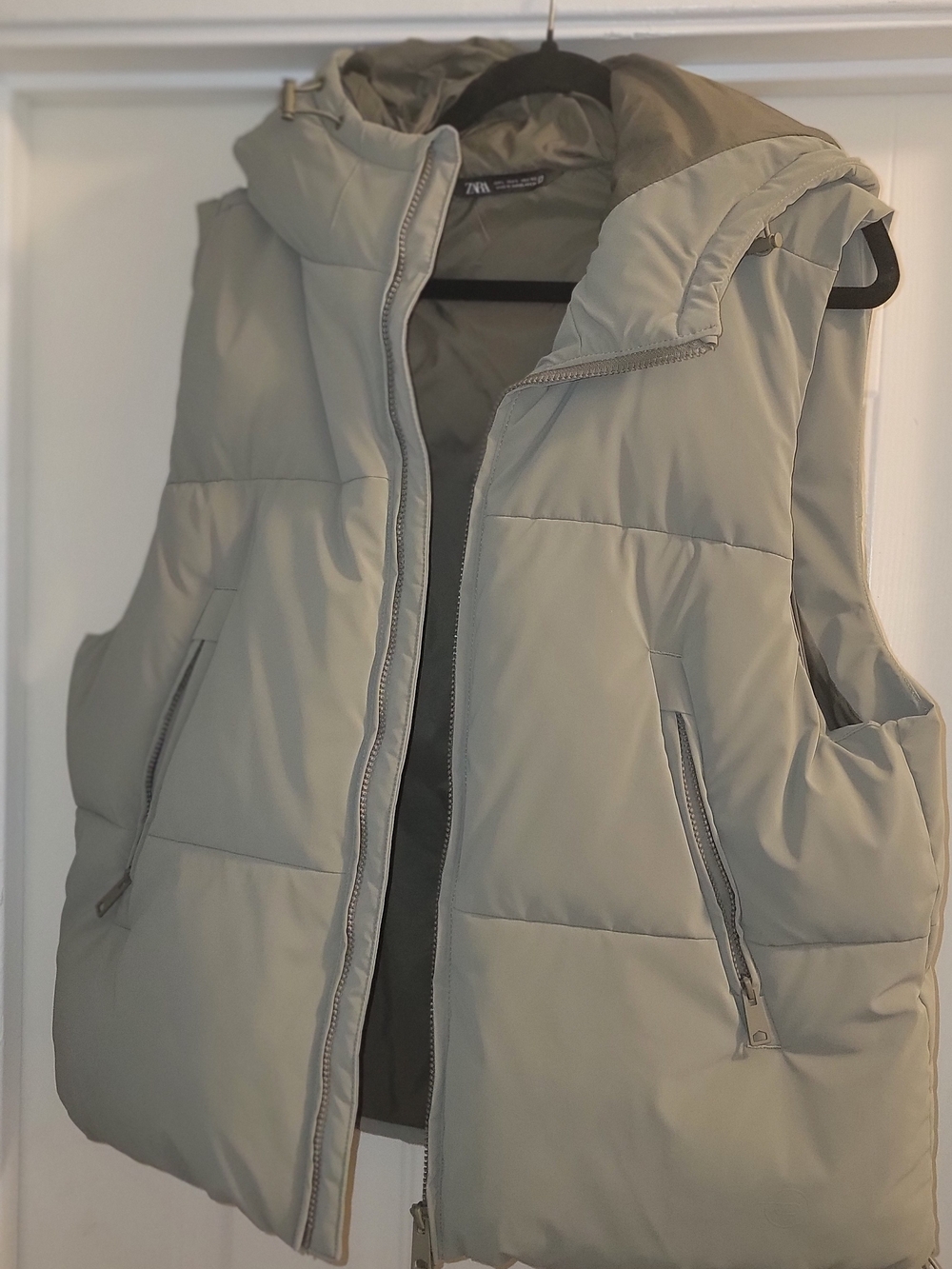 Zara Hooded Puffer Vest in Light Olive